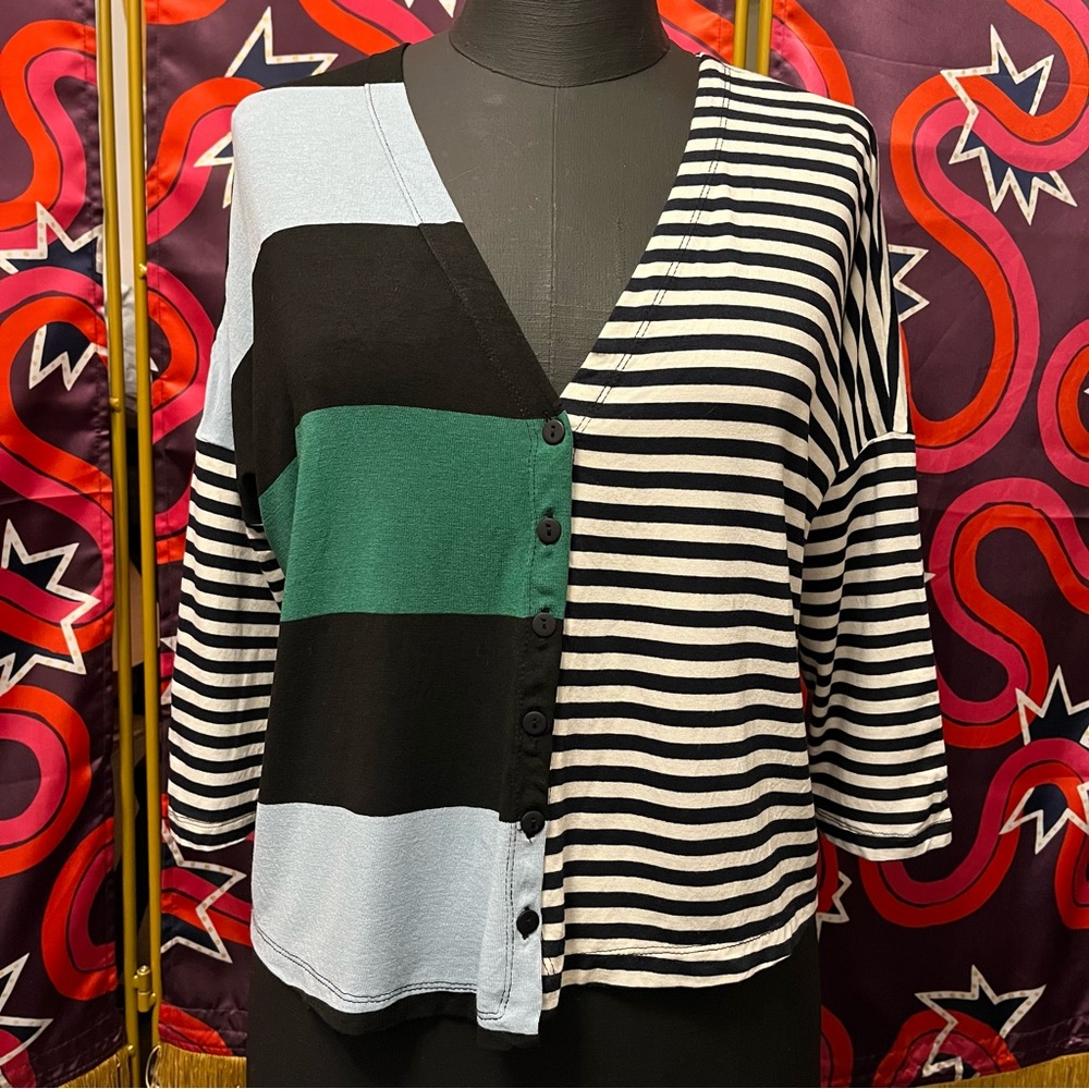 Alembika Colour Block Top Striped Button Lagenlook Contrast Mixed Pattern Shirt